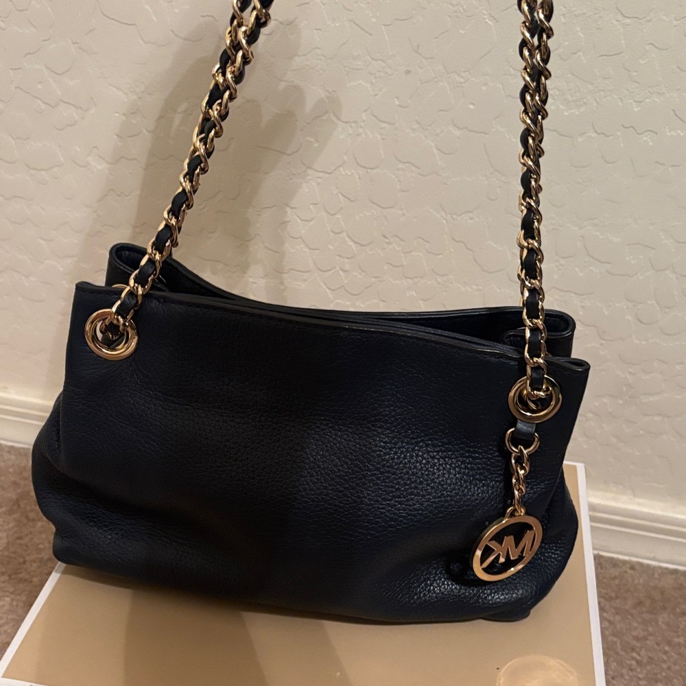 Michael Kors Navy Leather Shoulder Bag with Gold Chain